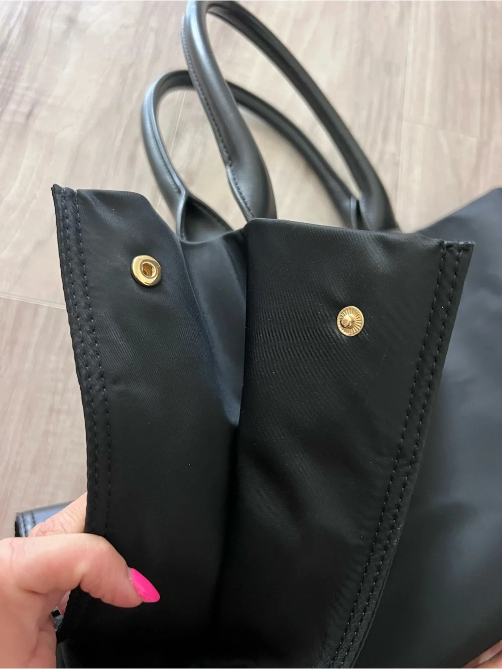 Tory Burch Black Nylon Ella Tote Bag Double T Logo Leather Trim Large Shopper